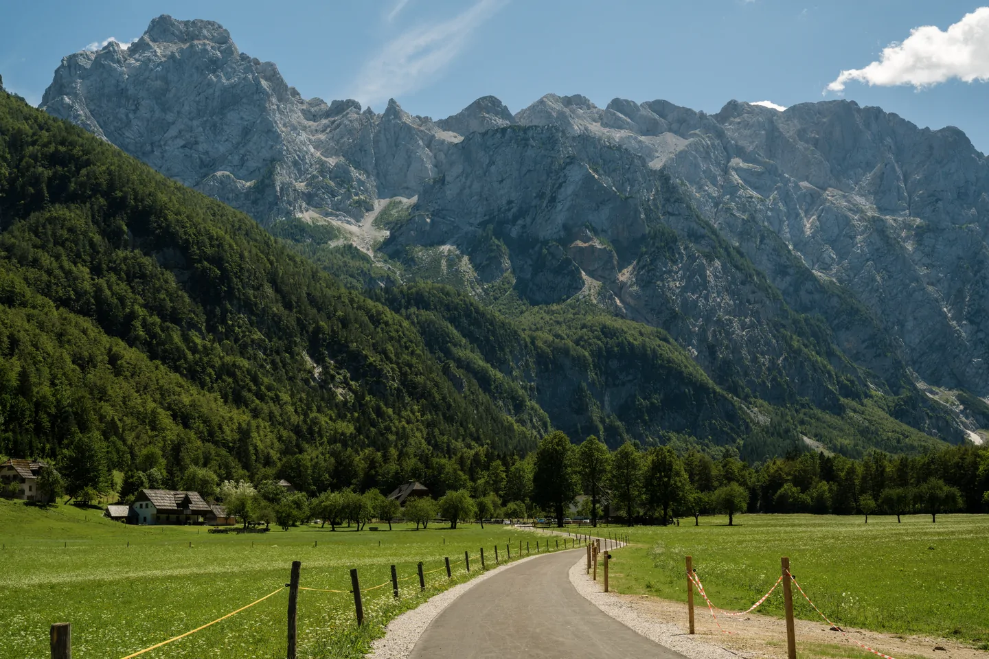 Road through a green valley towards the mountains