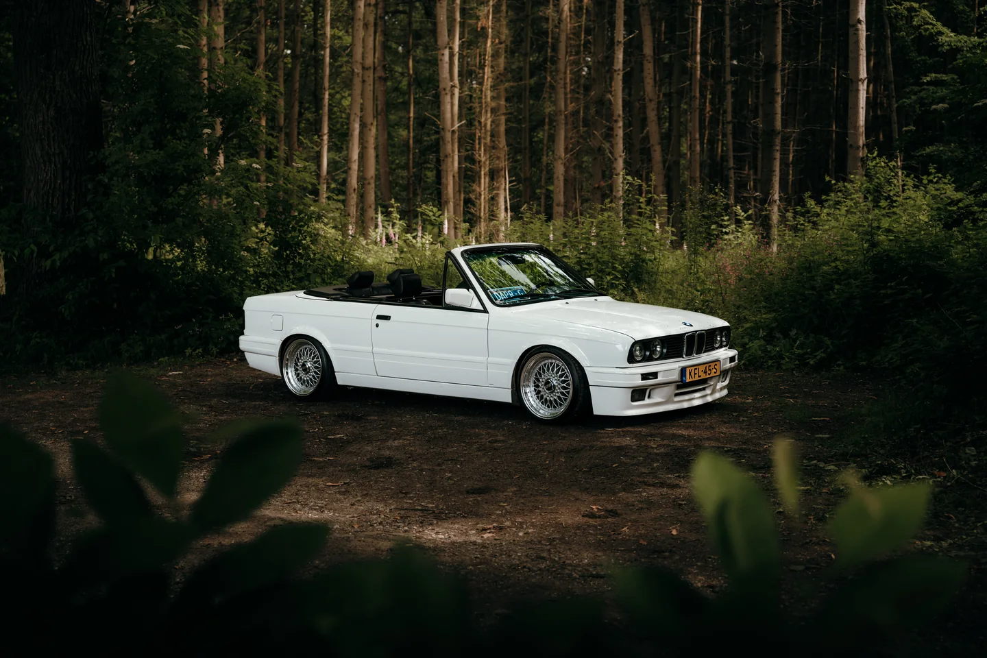 White classic convertible in a forest