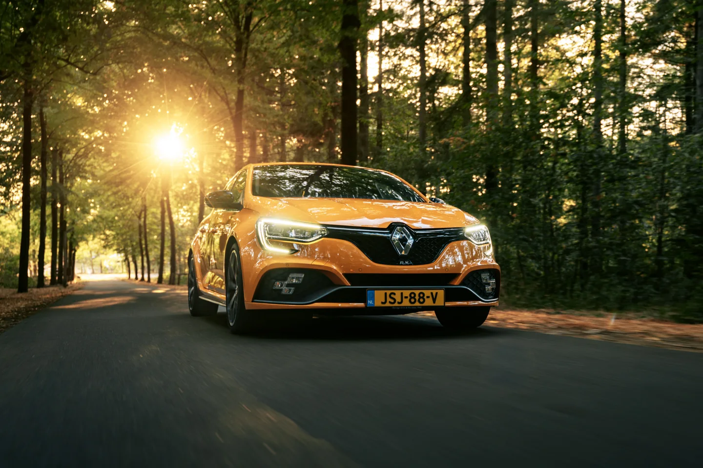 Orange Renault photographed in motion between trees